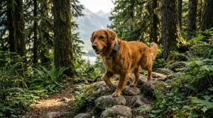 A photorealistic 4K action shot captures the Golden Retriever from image_0.png actively climbing over mossy river rocks on a rugged hiking trail in a remote, off-grid British Columbia forest. The dog wears the identical dark-green 'MAPLE' GPS collar and 'NO FEE' metal maple leaf tag. Natural light filters through a dense canopy of ancient, moss-covered spruce and hemlock trees. Winding trails and a glacier-fed lake reinforce the mountain environment, emphasizing the tracking system's function for adventure safety without needing a subscription.