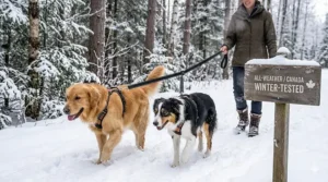 Illustration of an all-weather double dog leash coupler for two dogs designed to withstand Canadian winter conditions and snow.