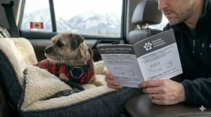 A close-up illustration of safety labels on a dog seat belt featuring English and French text (Sécurité/Safety) for the Canadian market.