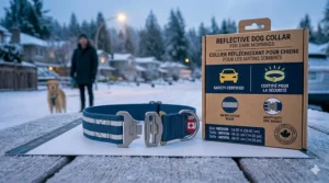 Canadian bilingual packaging for a reflective dog collar for dark mornings, featuring English and French safety instructions.