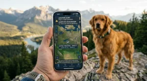 A photorealistic 4K close-up captures a person's hand holding a large, modern smartphone outdoors in natural light. The screen displays a detailed bilingual (English/French) mobile app interface for a monthly fee free GPS system. A topographical Canadian wilderness map shows a precise tracking icon with labels like 'ACTIVE TRACKING - "MAPLE"' and 'SUIVI ACTIF - "MAPLE"'. A notification banner reads 'LOCATION ALERT: Dog is inside geofence.' and 'ALERTE DE LOCALISATION: Le chien est dans la géofence.' In the deep, blurred background, the Golden Retriever from image_0.png is recognizable.