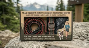 A photorealistic product shot illustrating the packaging of the hands-free running leash for trail running, featuring prominent, clear bilingual labels: English (Hands-Free Running Leash) and French (Laisse de course mains libres).