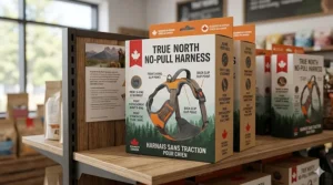 Product packaging for a no pull dog harness featuring English and French (harnais pour chien sans traction) text for Canadian consumers.