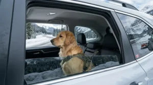 A dog looking out a car window at the Canadian Rockies, safely secured by a crash-tested seat belt.