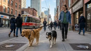 Illustration of a controlled walk using a double dog leash coupler for two dogs on a busy Canadian city sidewalk.