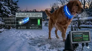 Technical illustration showing an LED dog collar for Canadian winter walks functioning at sub-zero temperatures.