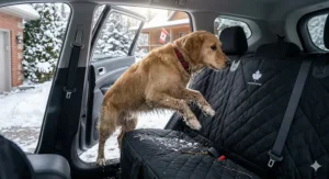 Canadian edition waterproof dog car seat cover featuring a maple leaf logo and heavy-duty quilted fabric for winter protection.