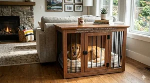 Size chart for furniture dog crates showing dimensions for small to large breeds common in Canadian households.