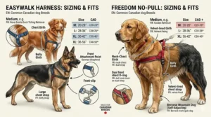 Sizing chart for EasyWalk and Freedom harnesses featuring common Canadian breeds like the Toller and Bernese Mountain Dog.