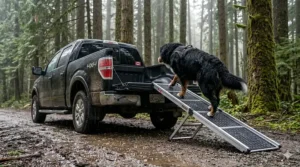 A family preparing for a cross-Canada road trip using a portable dog ramp for trucks.