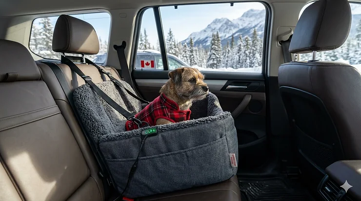 A Labrador retriever wearing a crash-tested dog seat belt in a car, meeting Canadian vehicle safety standards for pet travel. dog seat belt crash tested Canada safety standards