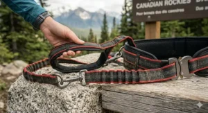 An eye-level, close-up photograph of the specific black and red running leash showcasing its integrated dual traffic handles for close control during steep descents on rugged terrain.