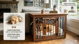 Illustration showing how a furniture dog crate that looks like a table serves as a pet kennel and a functional tabletop.