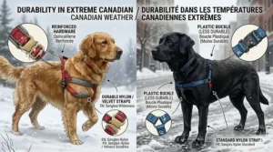 Durable stainless steel hardware on a no-pull harness designed to withstand Canadian snow, ice, and road salt.