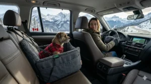 Illustration of a golden retriever mix using a heated dog car seat for cold weather during a road trip through the Canadian Rockies.