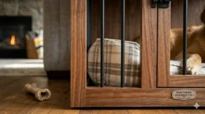 Close-up of the chew-resistant wood and metal bars on a furniture dog crate that looks like an accent table.