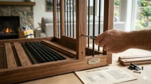 Step-by-step assembly guide for a furniture dog crate table designed for quick setup in Canadian condos.