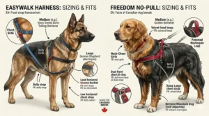 Detailed 4K technical chart showing precise harness fitment on a German Shepherd and Golden Retriever with Canadian market specifications.