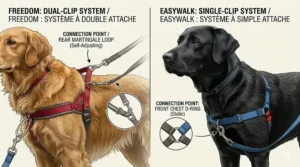 Illustration comparing the EasyWalk front-clip attachment to the Freedom harness dual-clip system for better dog control.