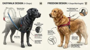 Technical illustration showing the strap placement and Martingale loop differences between EasyWalk and Freedom no-pull harnesses.