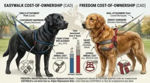 Price comparison chart in Canadian Dollars (CAD) for EasyWalk versus Freedom harnesses including the Freedom chew warranty details.