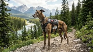 Technical illustration of an escape-proof harness with a third safety strap, essential for the deep-chested greyhound anatomy.