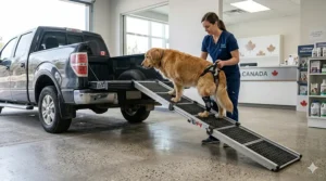 A compact, folding portable dog ramp for trucks stored neatly in the back of a Ford F-150.