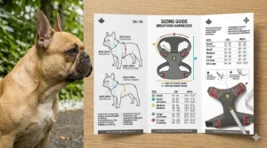 Sizing chart for French Bulldog harnesses with measurements in centimeters and inches for Canadian pet owners.