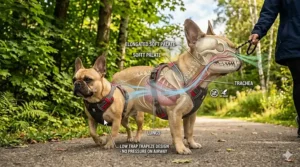 Diagram of French Bulldog anatomy showing how a low-cut harness prevents tracheal pressure and supports airflow.