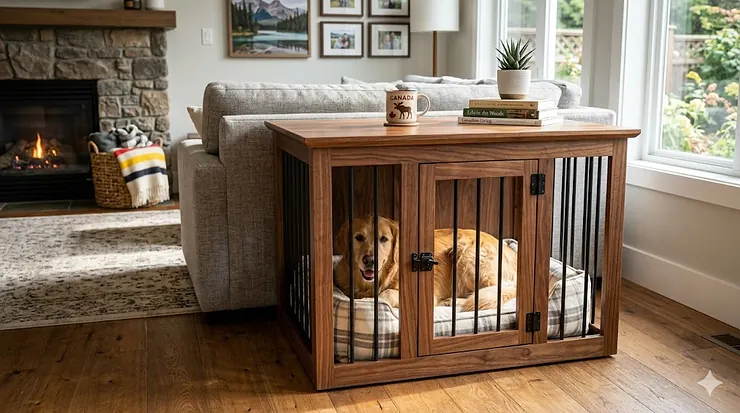 A multi-functional furniture dog crate that looks like a walnut side table in a modern Canadian home with a cozy throw blanket.