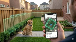 Digital diagram showing a virtual fence boundary around a suburban Canadian backyard for a GPS dog collar system.