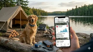 Dashboard illustration showing a dog's daily steps and rest patterns recorded by a multi-functional GPS dog collar.