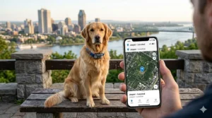 Smartphone app interface for a GPS dog collar in English and French, tracking a pet in a Montreal neighbourhood.
