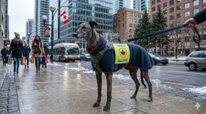 Illustration of a greyhound walking safely on a busy sidewalk, demonstrating the control provided by an escape-proof harness.