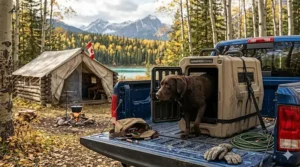 An illustration of a Gunner G1 kennel in a truck bed during a fall hunting trip in the Canadian wilderness.