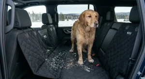Hammock-style dog car seat cover providing full back seat protection from a wet, snowy dog after a winter hike.