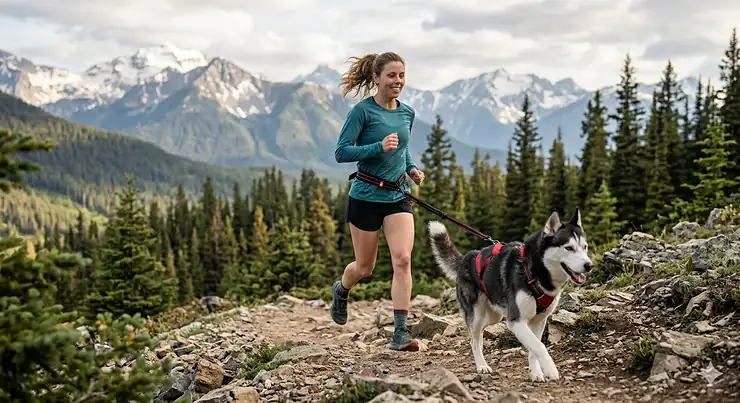 A candid, photorealistic photograph of a female runner and her Siberian Husky trail running together in the Canadian Rocky Mountains using a hands-free running leash attached to her waist.