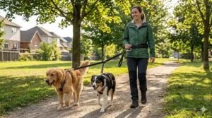 A happy Canadian dog owner walking effortlessly with a double dog leash coupler for two dogs in a suburban neighborhood.