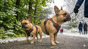 Illustration of a French Bulldog in a winter-ready harness on a snowy Montreal street, highlighting airway safety.