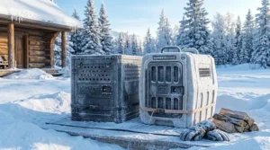 Illustration showing the aluminum Impact crate and double-walled Gunner kennel resisting extreme cold temperatures in Canada.