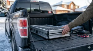 Durable portable dog ramp for trucks supporting a heavy Bernese Mountain Dog in a suburban setting.