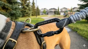Illustration of a heavy-duty aviation-grade aluminum carabiner attached to a thick leash for extra-large dogs.