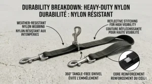Close-up illustration of the reinforced nylon webbing on a double dog leash coupler for two dogs.