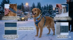 Sizing guide for a reflective dog collar for dark mornings showing the two-finger rule for a secure fit.