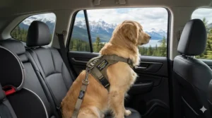 Illustration showing the correct way to attach a crash-tested dog seat belt to a vehicle’s ISOFIX or LATCH system in a SUV.