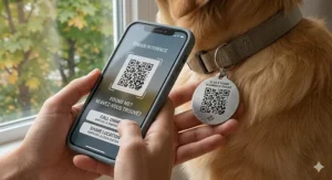 A photorealistic close-up illustration of a smartphone scanning a QR code dog tag, displaying bilingual text 'FOUND ME?' and 'M'AVEZ-VOUS TROUVÉ?' with a Canadian maple leaf integrated into the tag's design.