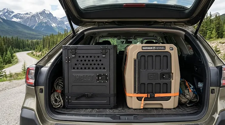 A side-by-side comparison of an Impact Dog Crate and a Gunner Kennel in a Canadian SUV, perfect for safe travel across provinces.