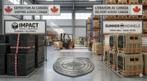Illustration featuring a Canadian flag and "Expédition au Canada" text highlighting availability for Impact and Gunner products.