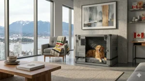 A sleek, grey Impact stationary crate styled in a modern Canadian living room, emphasizing aesthetics and security.