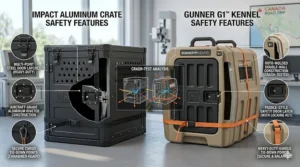 A technical breakdown of safety latches and tie-down points for the Impact dog crate vs Gunner kennel for Canadian road trips.